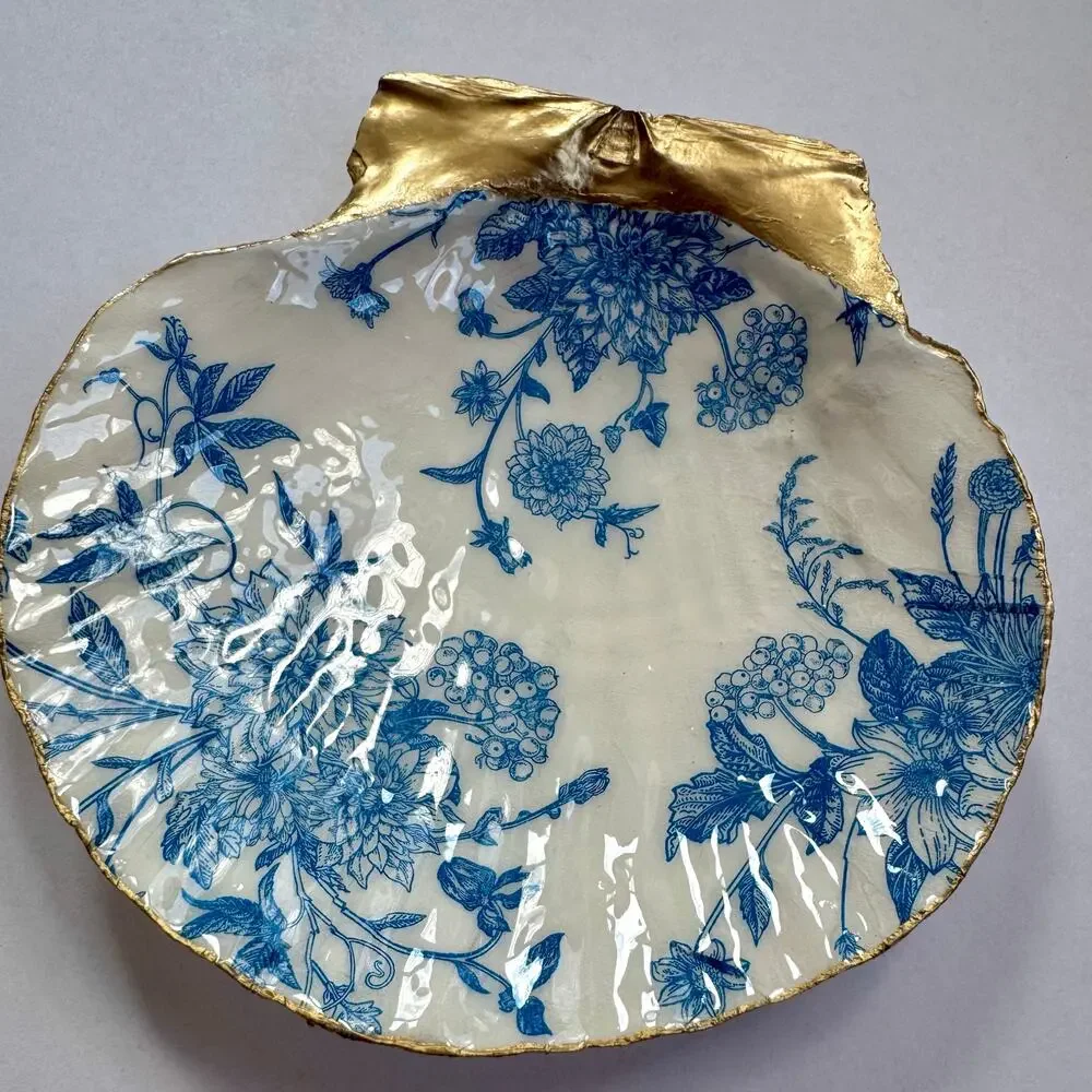 Blue Toile Botanical Shell Trinket Dish